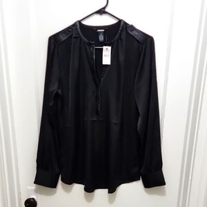 NWT Express Black Faux Leather Trim Long Sleeve Top Size Medium